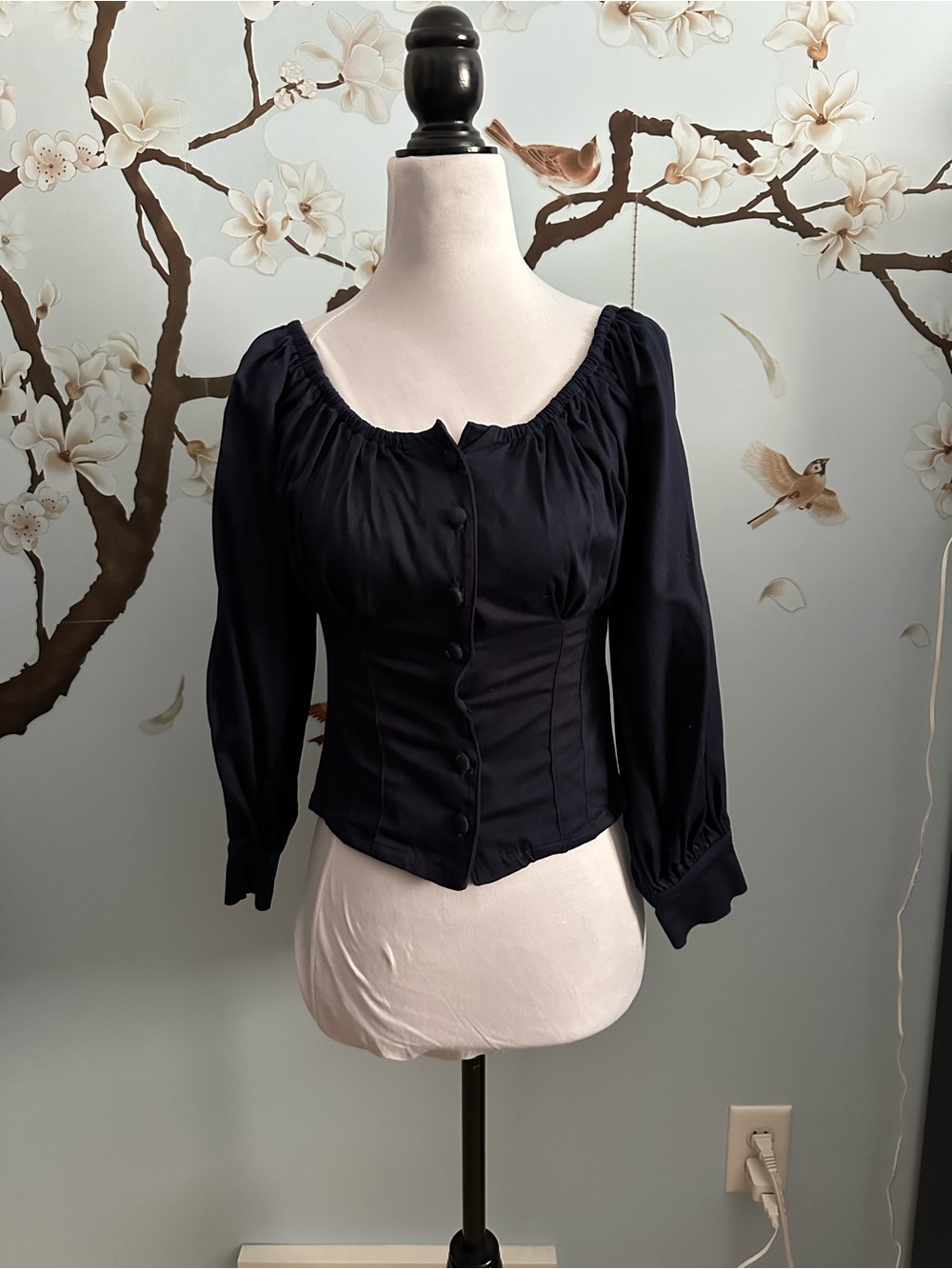 Women’s Navy Peasant Blouse with Button Front